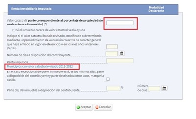 Rentas imputadas en Reta web 2023 valor catastral